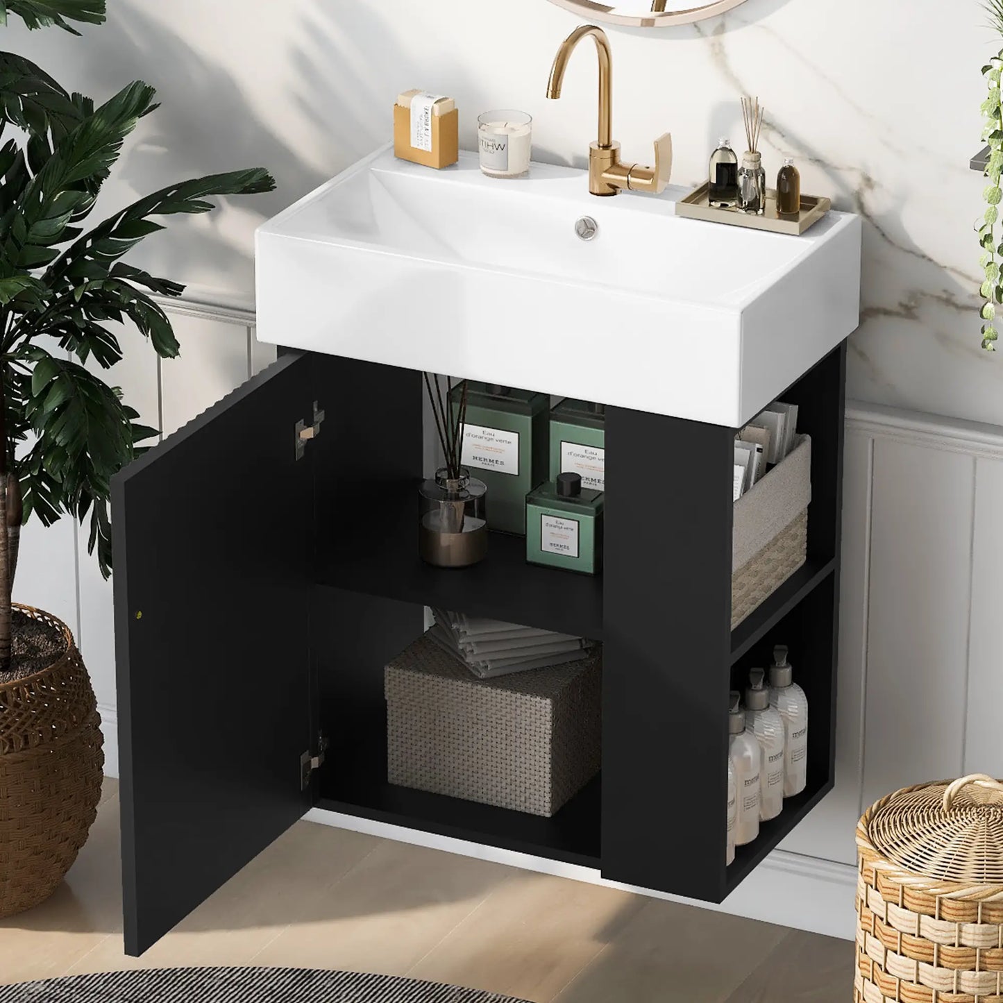 Floating Bathroom Vanity, Ceramic Basin, Right Storage, 21.5" L x 12" W x 26.5" H, Black+White Sink Cabinets at Gallery Canada