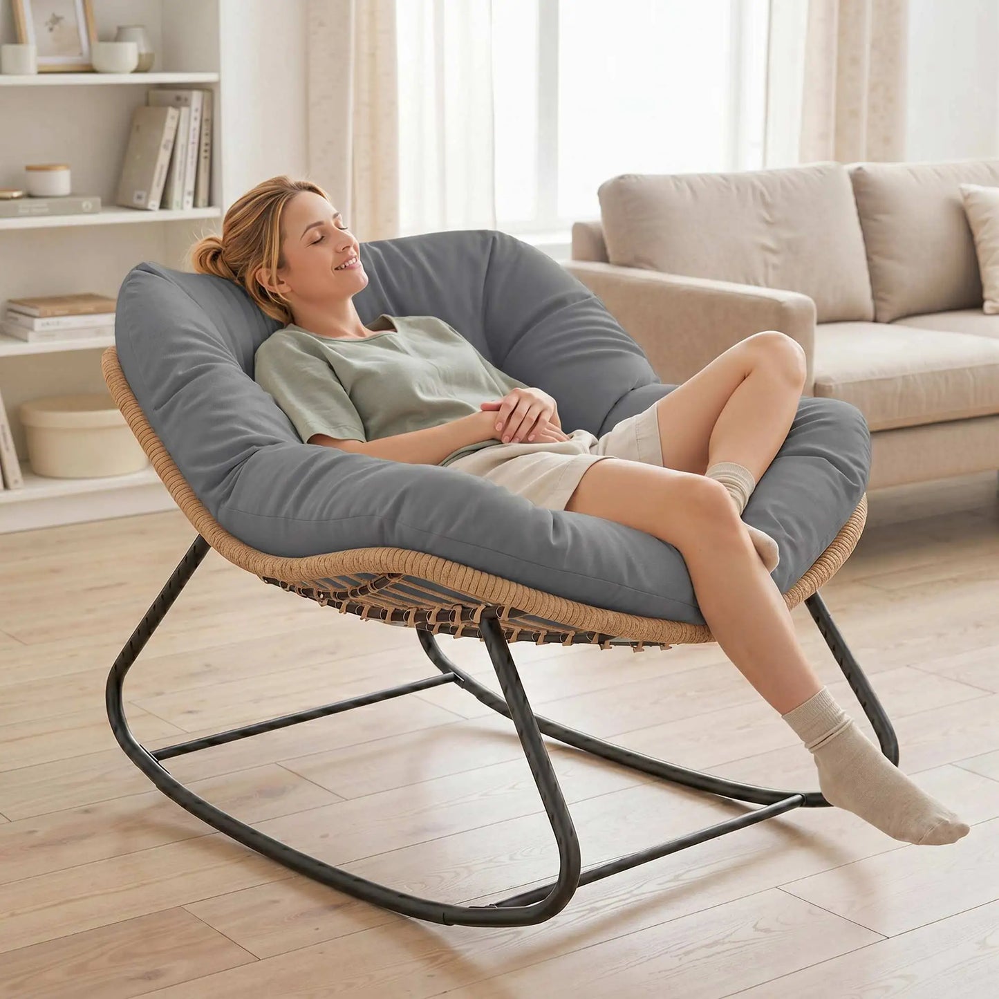 Papasan Rocking Chair, Oversized With Cushion, Grey Outdoor Rocking Chairs at Gallery Canada