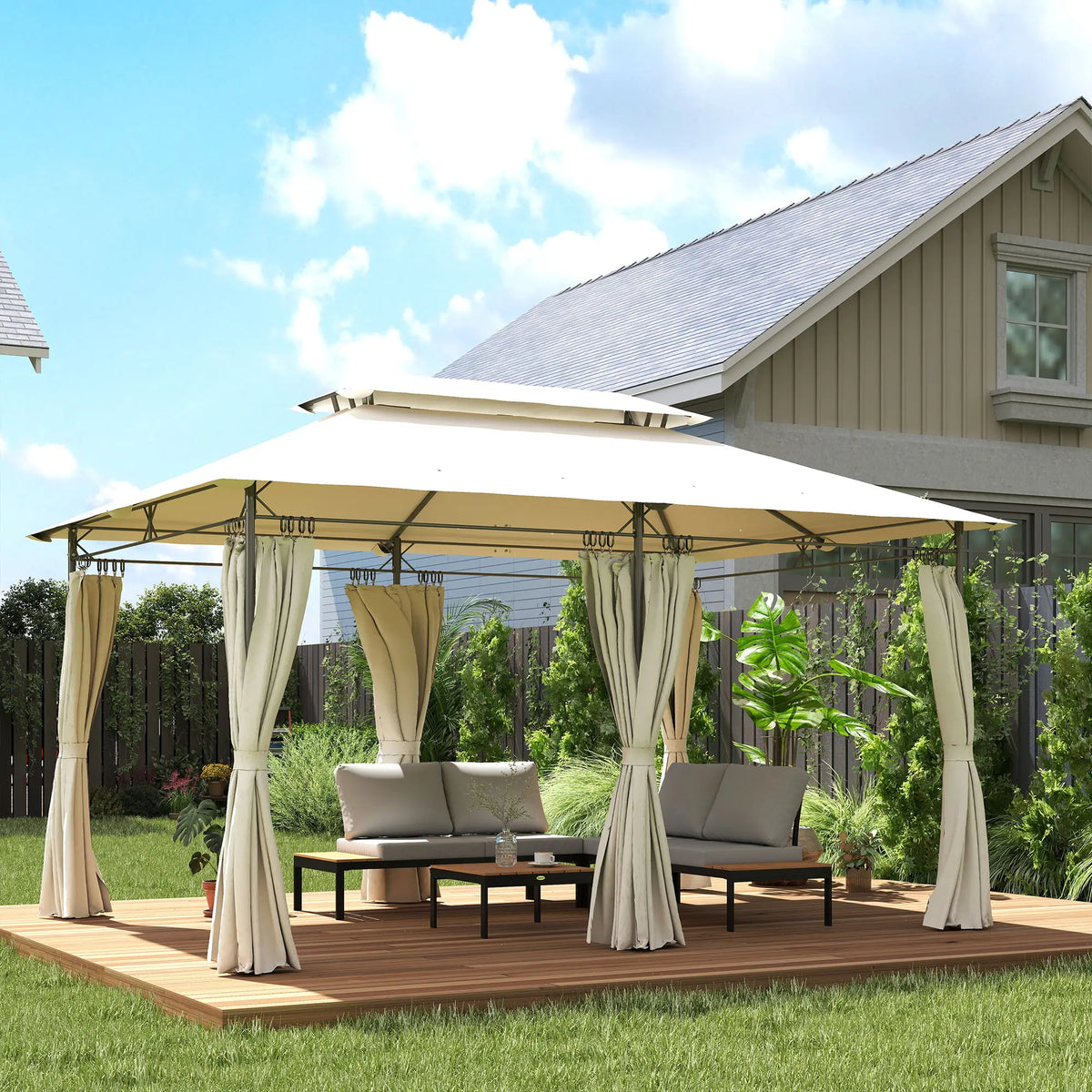 10' x 13' Gazébo de Patio à Double Toit, Extérieur avec Rideaux, Blanc Crème