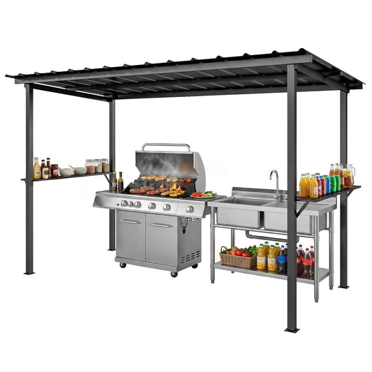 12' x 6' Hardtop Grill Gazebo, Metal Roof, 2 Side Shelves, Black BBQ Grill Gazebos Black at Gallery Canada