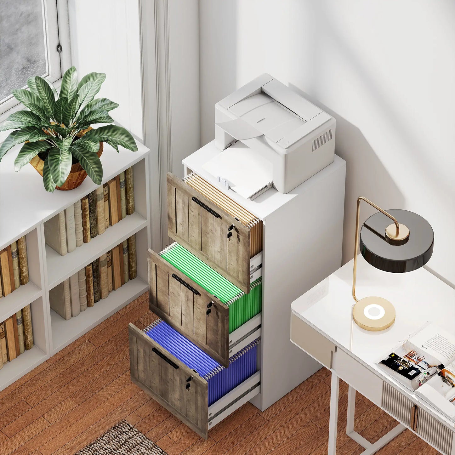 3 Drawer Filing Cabinet, Farmhouse Style, Adjustable Hanging Rails, A4 Letter Size, White Office Cabinets & Cupboards at Gallery Canada