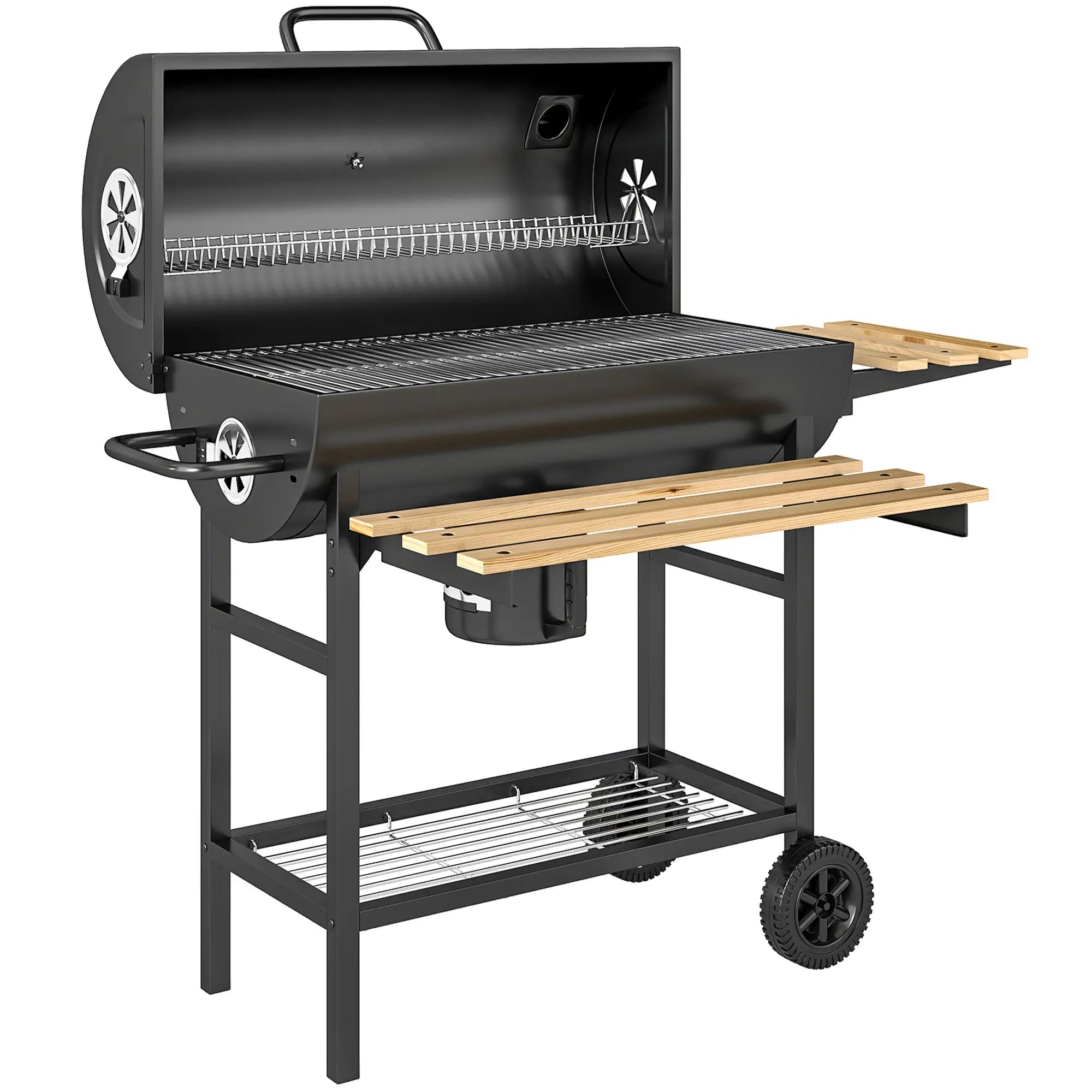 Charcoal BBQ Grill With Foldable Shelves, Warming Rack, Thermometer, Wheels Charcoal BBQ Grils Natural Wood, Black at Gallery Canada