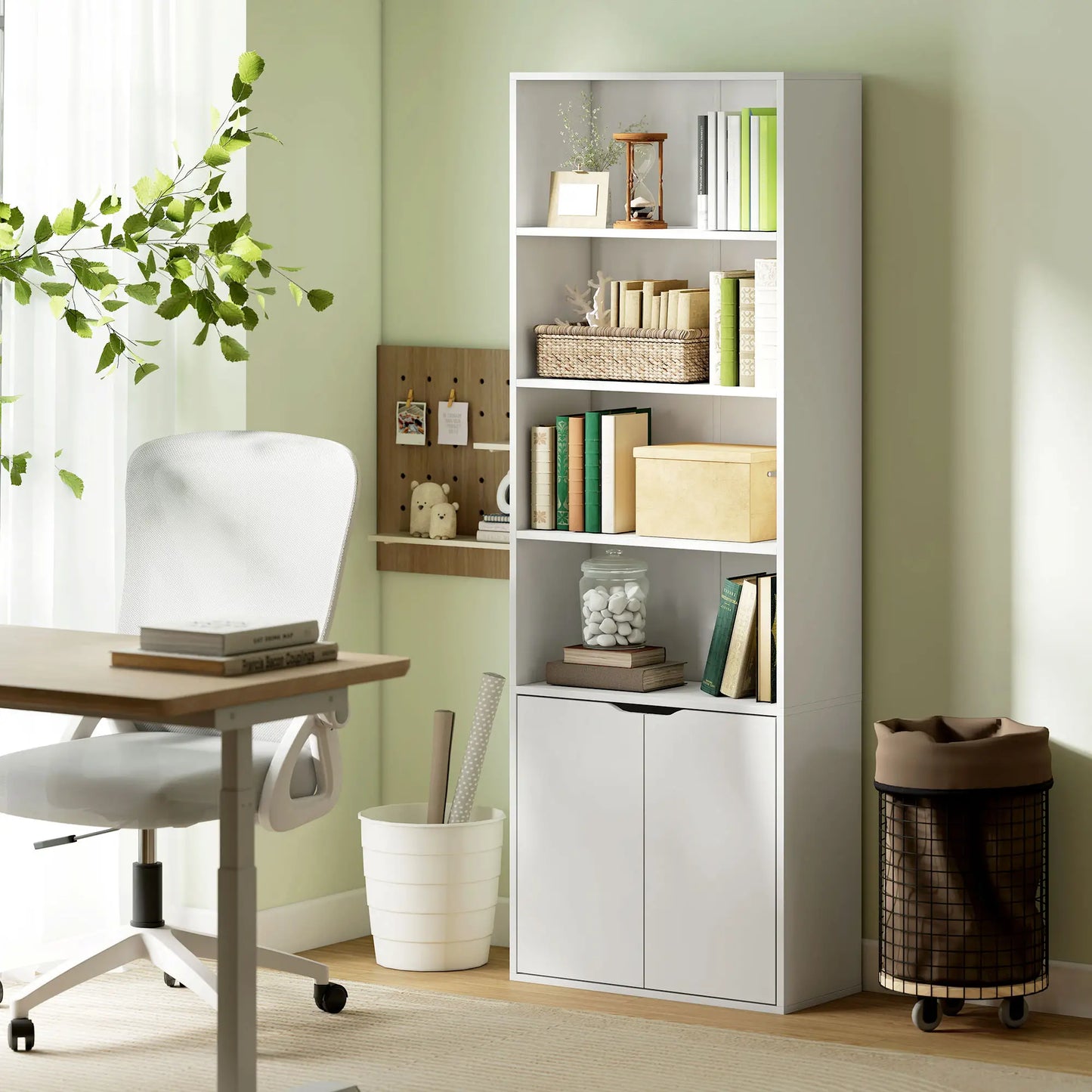 4-Tier Open Bookshelf with Doors, Home Office Bookcase, White White Bookshelves at Gallery Canada