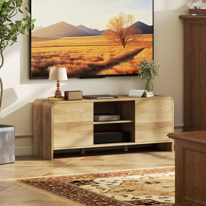 TV Stand For 55 Inch TV, Natural Wood Entertainment Center With 2 Cabinets