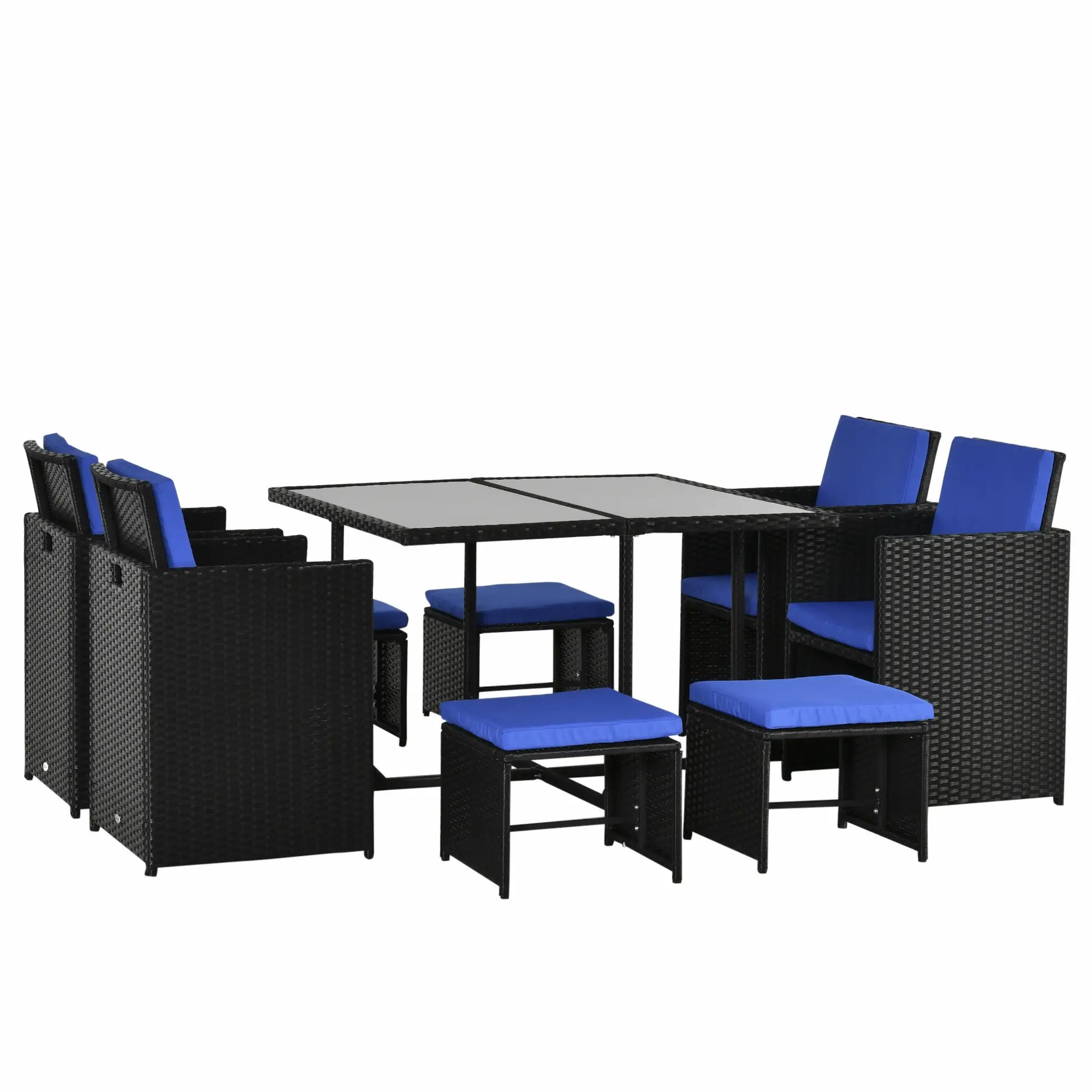 9-Piece Wicker Patio Dining Set, Glass Top Table, Ottomans, Blue Outdoor Dining Sets Blue at Gallery Canada