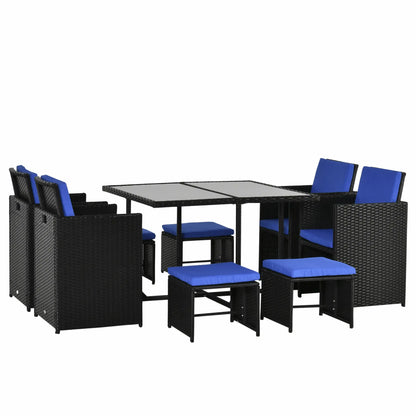 9-Piece Wicker Patio Dining Set, Glass Top Table, Ottomans, Blue Outdoor Dining Sets Blue at Gallery Canada