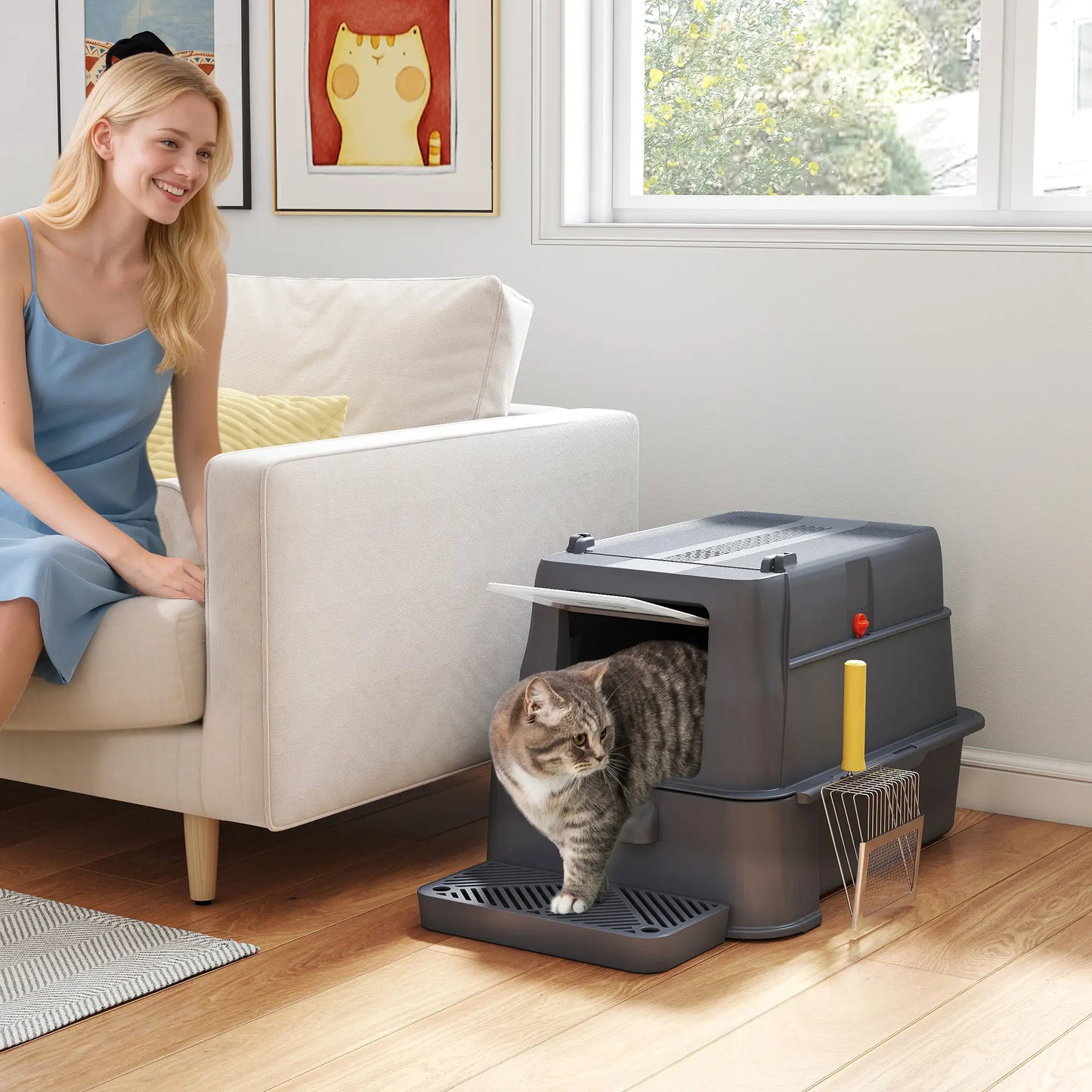 80L XL Stainless Steel Cat Litter Box, Flip Cover, Pull-Out Drawer, Dark Grey Cat Litter Box Enclosures at Gallery Canada