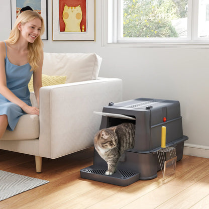 80L XL Stainless Steel Cat Litter Box, Flip Cover, Pull-Out Drawer, Dark Grey Cat Litter Box Enclosures at Gallery Canada