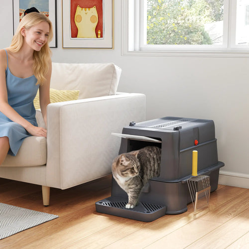 80L XL Stainless Steel Cat Litter Box, Flip Cover, Pull-Out Drawer, Dark Grey