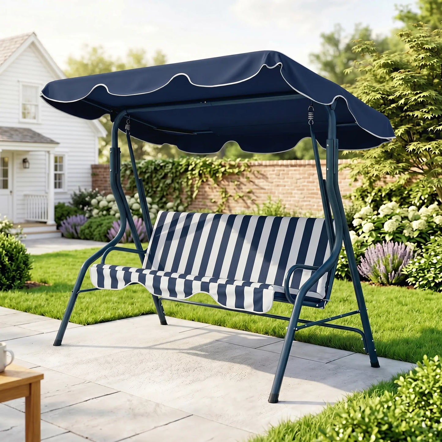Outdoor Porch Swing, Adjustable Canopy, 3-Seater with Cushion, Blue Patio Swings with Stand at Gallery Canada