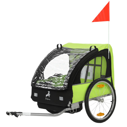 2-Seat Child Bike Trailer, Steel Frame, 5-Point Harness, Green