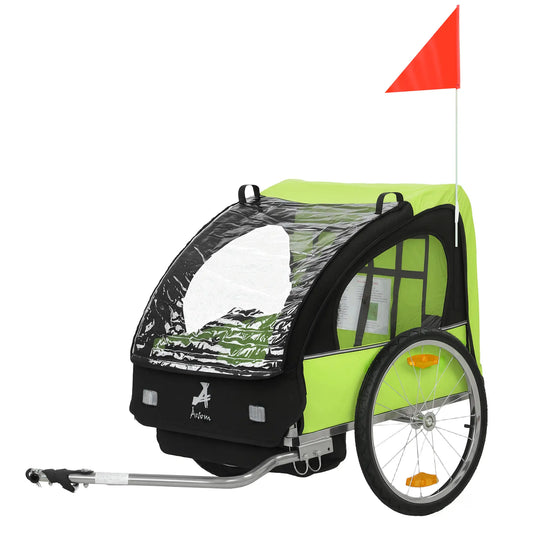 2-Seat Child Bike Trailer, Steel Frame, 5-Point Harness, Green