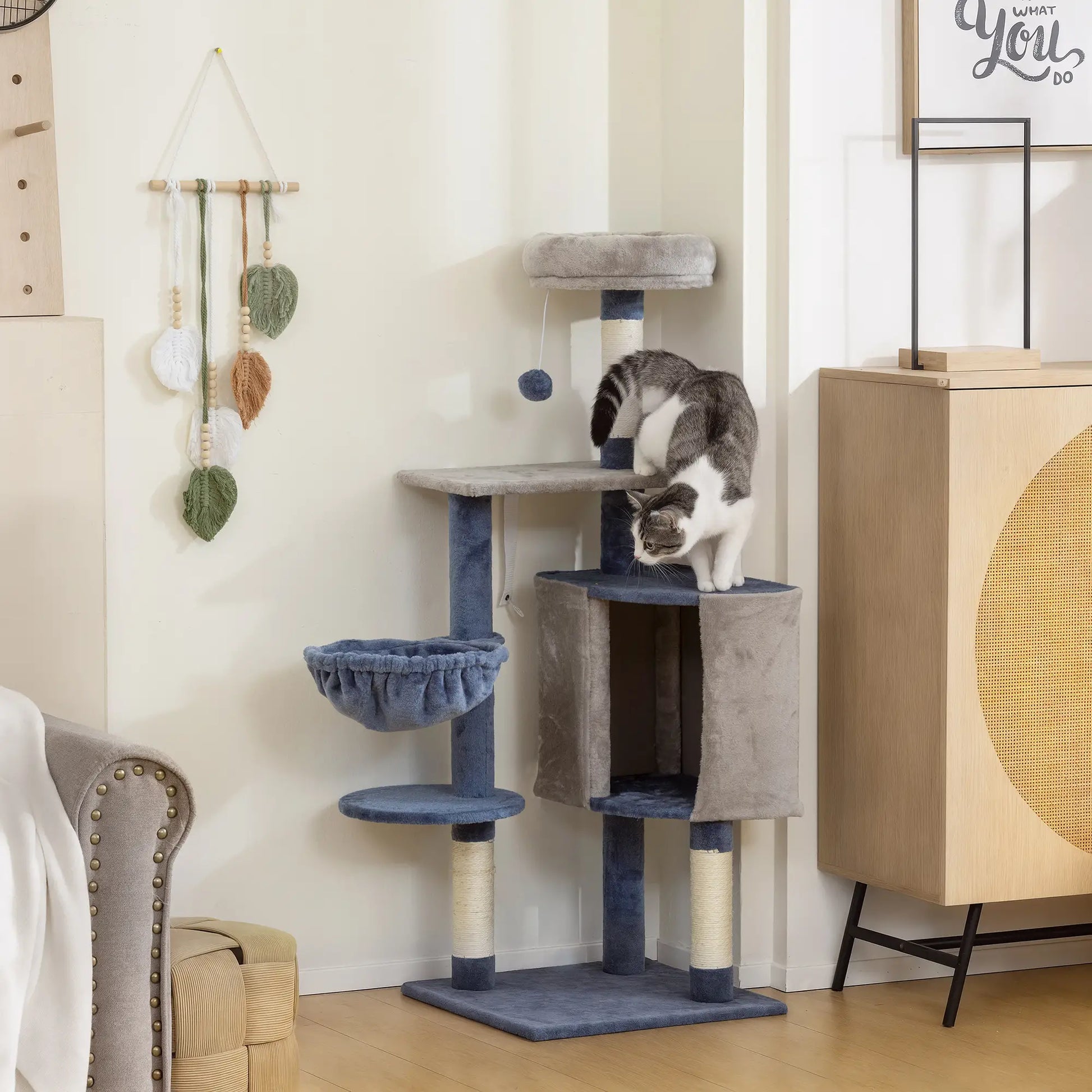 48" Cat Tree with Condo, Hammock, Perch, Scratching Posts, Blue and Grey Cat Trees at Gallery Canada