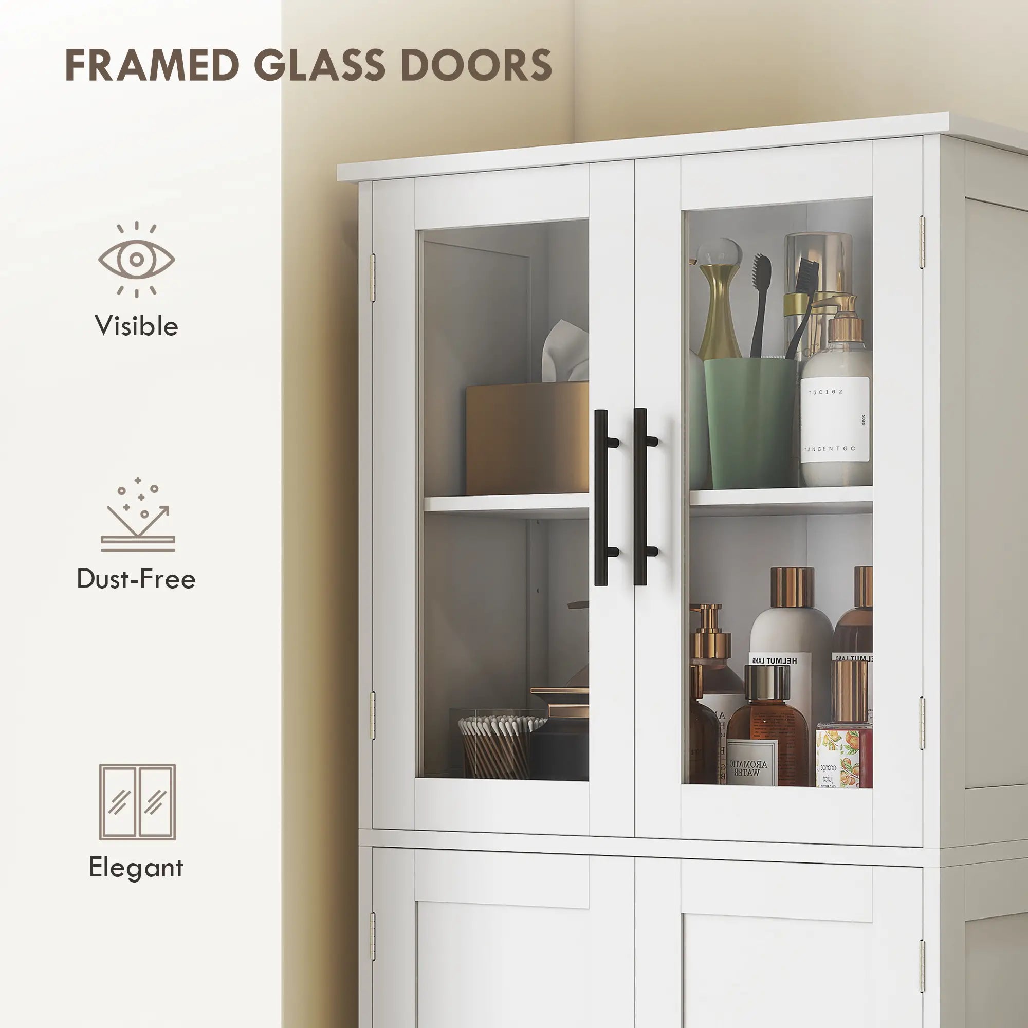 Tall Bathroom Cabinet, Glass Doors, Adjustable Shelves, White Freestanding Bathroom Cabinets at Gallery Canada