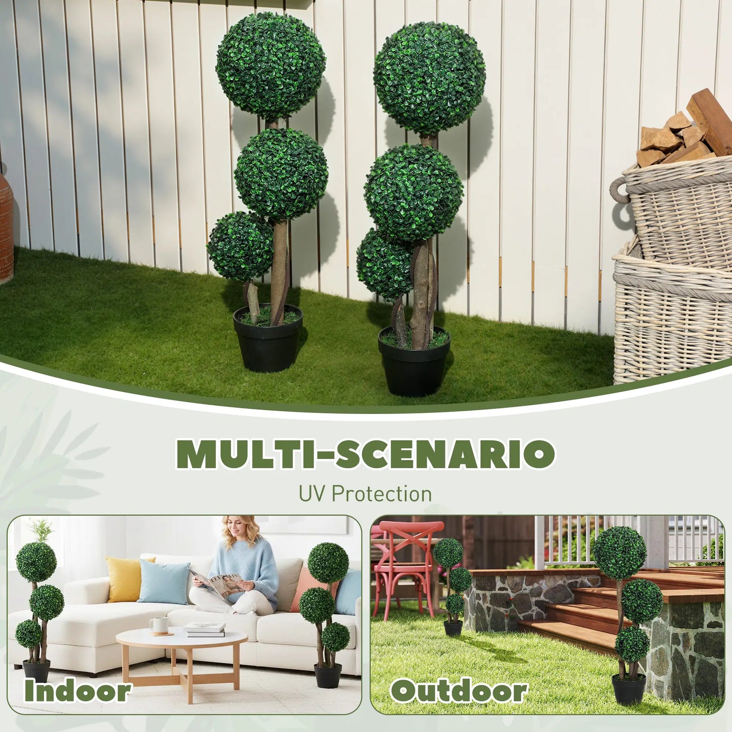 35 Inch Artificial Boxwood Topiary Tree Set of 2, Indoor Outdoor, Green Artificial Trees at Gallery Canada