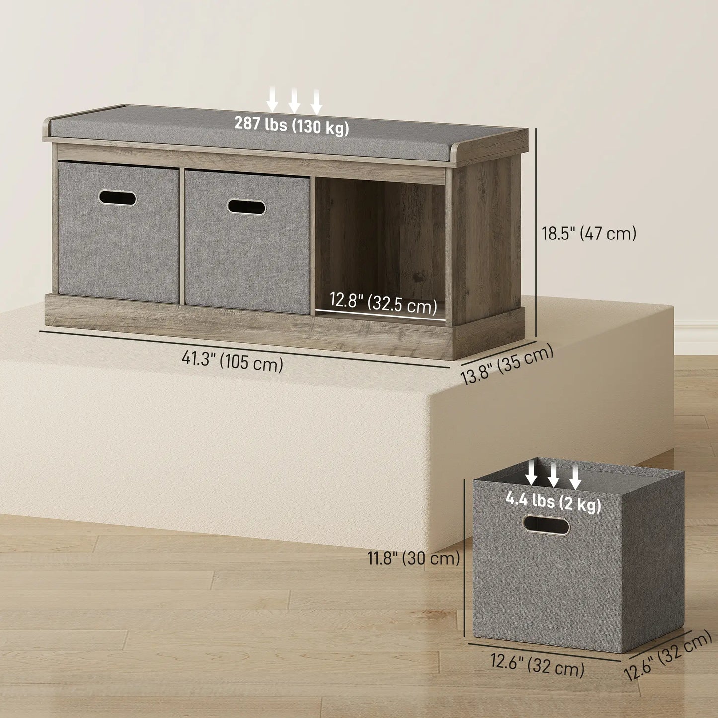 Shoe Storage Bench with Seat, 3 Fabric Drawers, Washed Grey Shoe Storage Cabinets & Racks at Gallery Canada