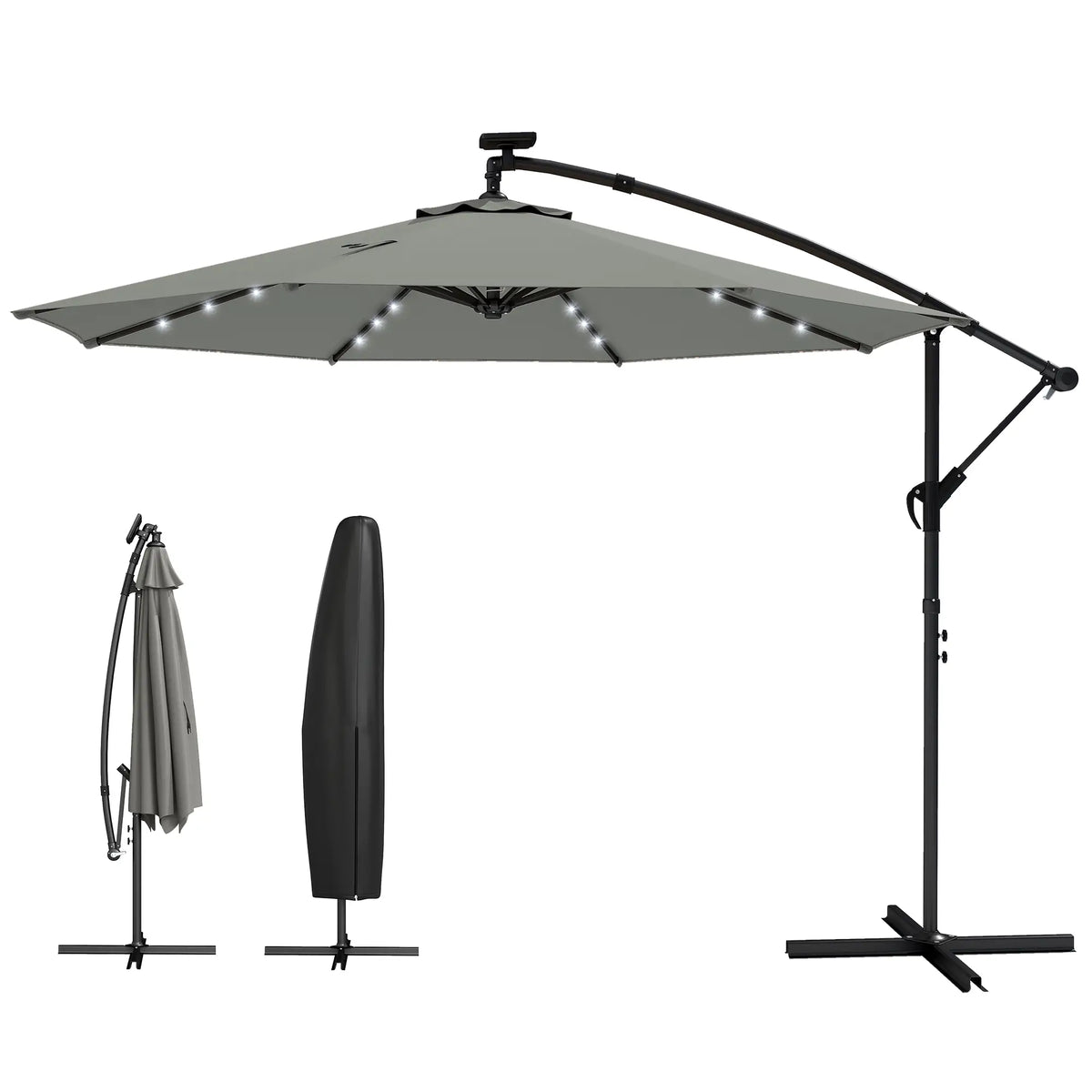 9.7 ft Cantilever Patio Umbrella, Solar Light, Tilt Crank, Grey Offset Cantilever Umbrellas Grey, Black at Gallery Canada