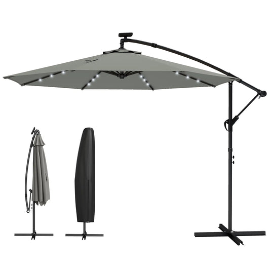 9.7 ft Cantilever Patio Umbrella, Solar Light, Tilt Crank, Grey Offset Cantilever Umbrellas Grey, Black at Gallery Canada