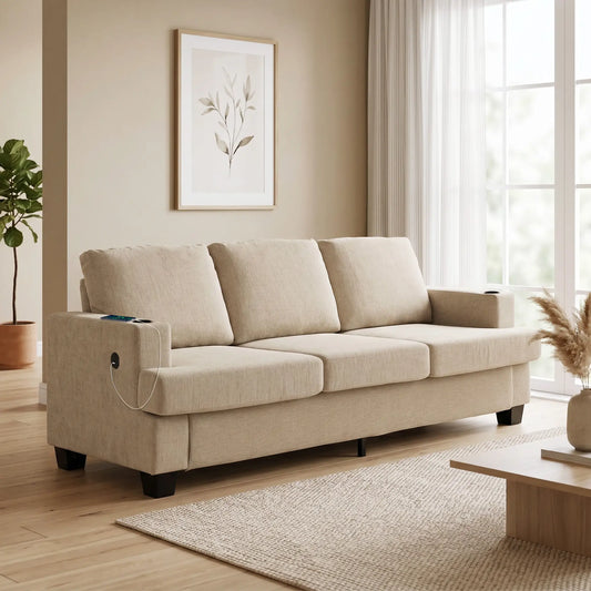 3 Seater Sofa with USB Ports, Cup Holders, Chenille Upholstery, Light Brown 3-Seater Sofas Light Brown at Gallery Canada