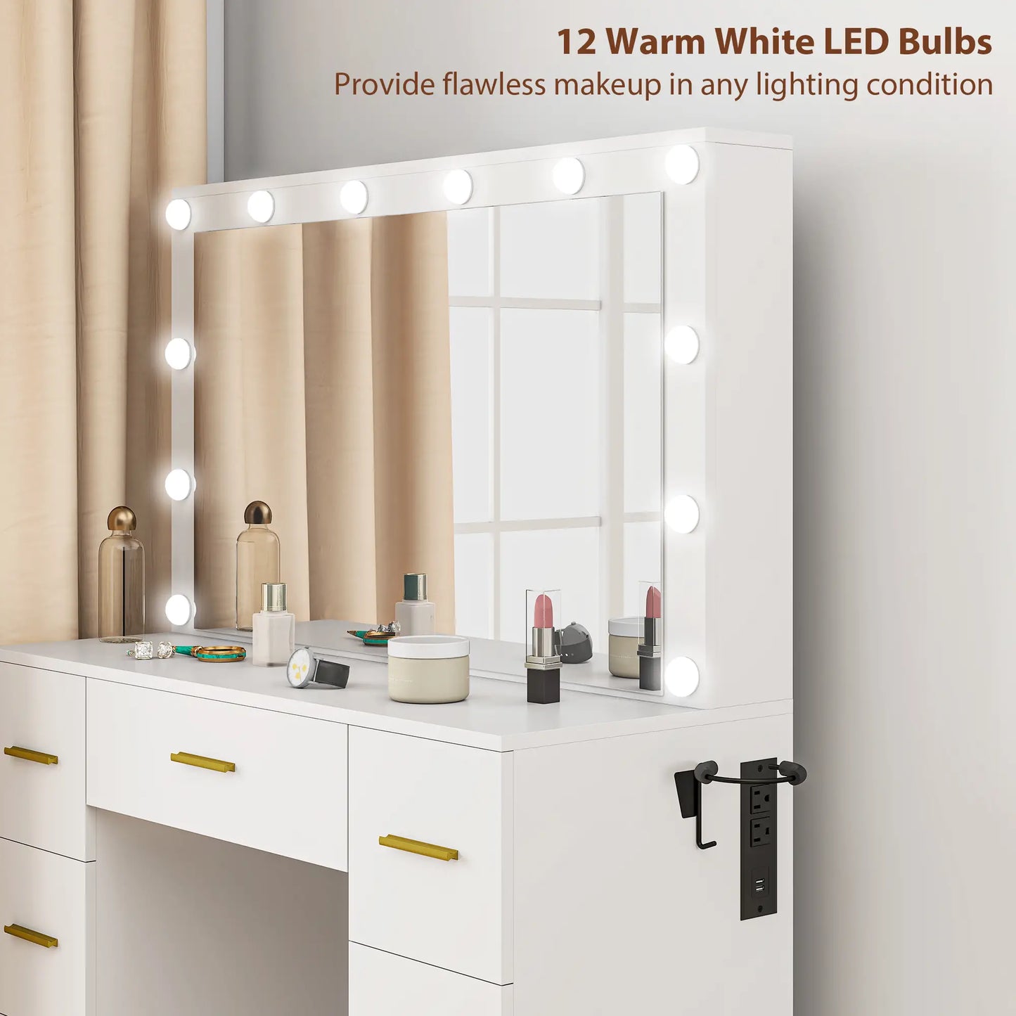 Makeup Vanity Desk with Mirror, Lights, 7 Drawers, White Dressing & Vanity Tables at Gallery Canada
