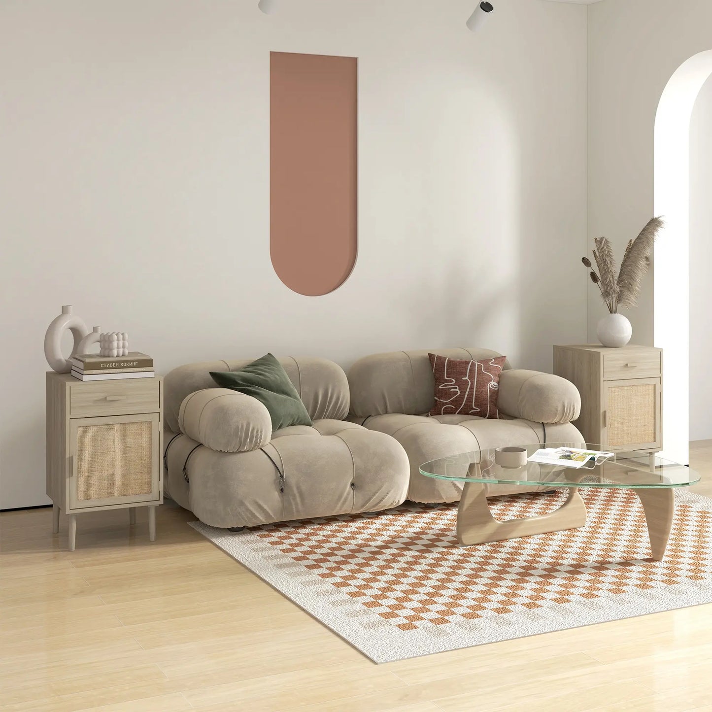 Boho Bedside Tables Set of 2, Nightstands with Drawer, Rattan Cabinet, Oak Bedside Tables at Gallery Canada