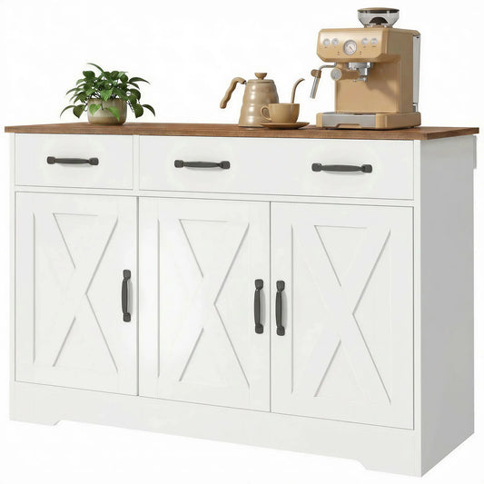 43" Sideboard Buffet Cabinet, 3 Barn Doors, 2 Drawers, White Bar Cabinets White, Dark Brown at Gallery Canada