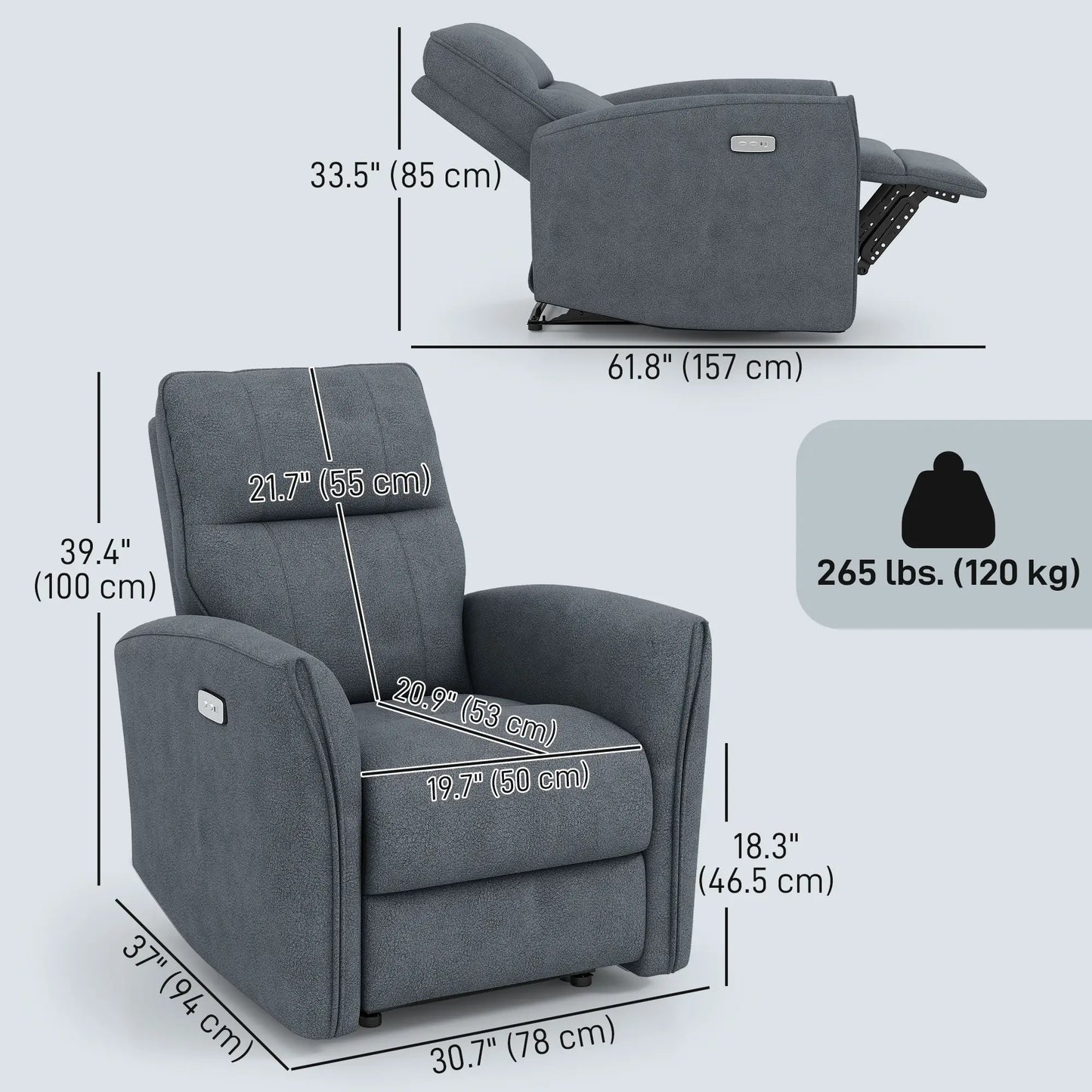 Fabric Recliner Chair, USB Ports, Footrest, Charcoal Grey Sofas & Reclining Chairs at Gallery Canada