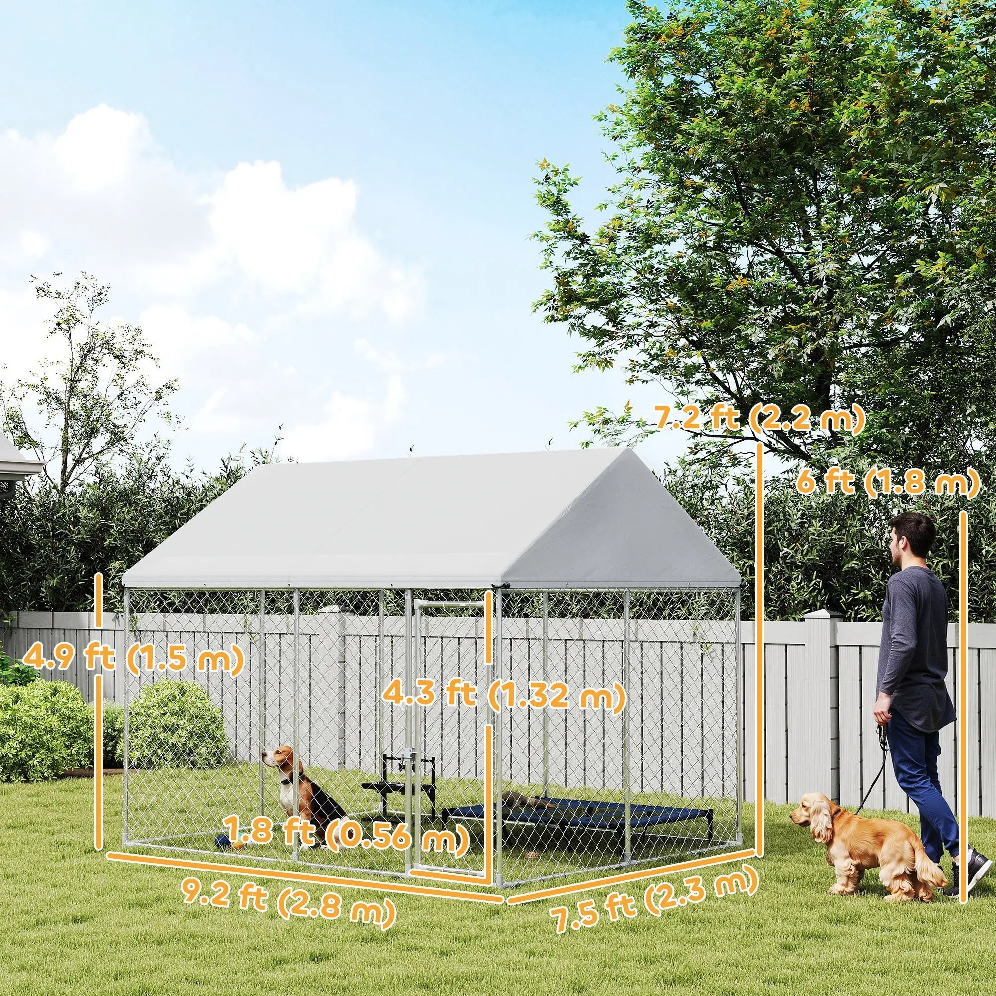 Heavy Duty Galvanized Steel Outdoor Dog Kennel with Waterproof Roof, Safety Lockable Latch System, 9.2' x 7.5' x 7.2' Dog Kennels at Gallery Canada