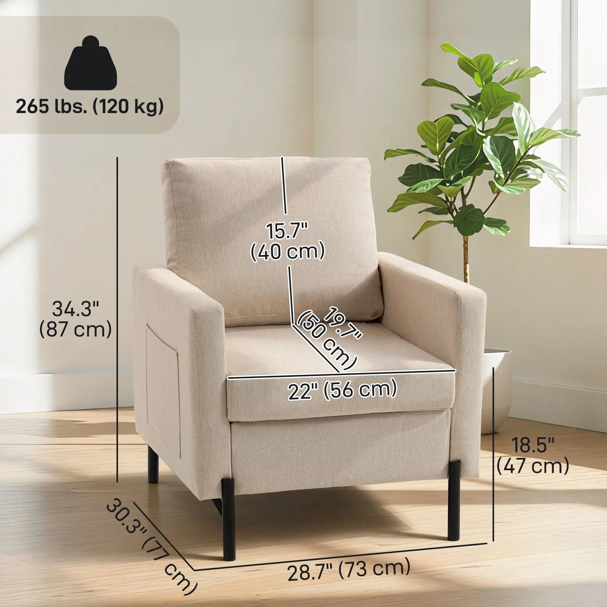 Modern Upholstered Armchair With Side Pockets, Cushion, Beige Accent Chairs at Gallery Canada