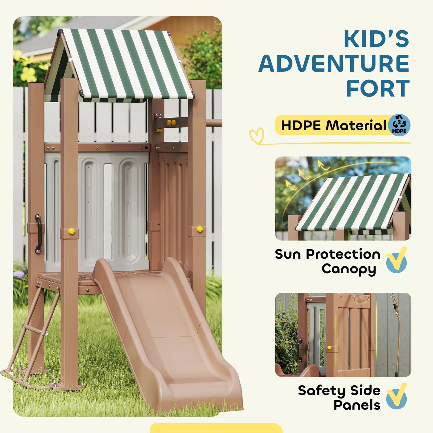 4-in-1 Kids Swing Set with Slide, Fort, Ladder, Stakes, Ages 3-8, Brown Gym Sets & Swings at Gallery Canada