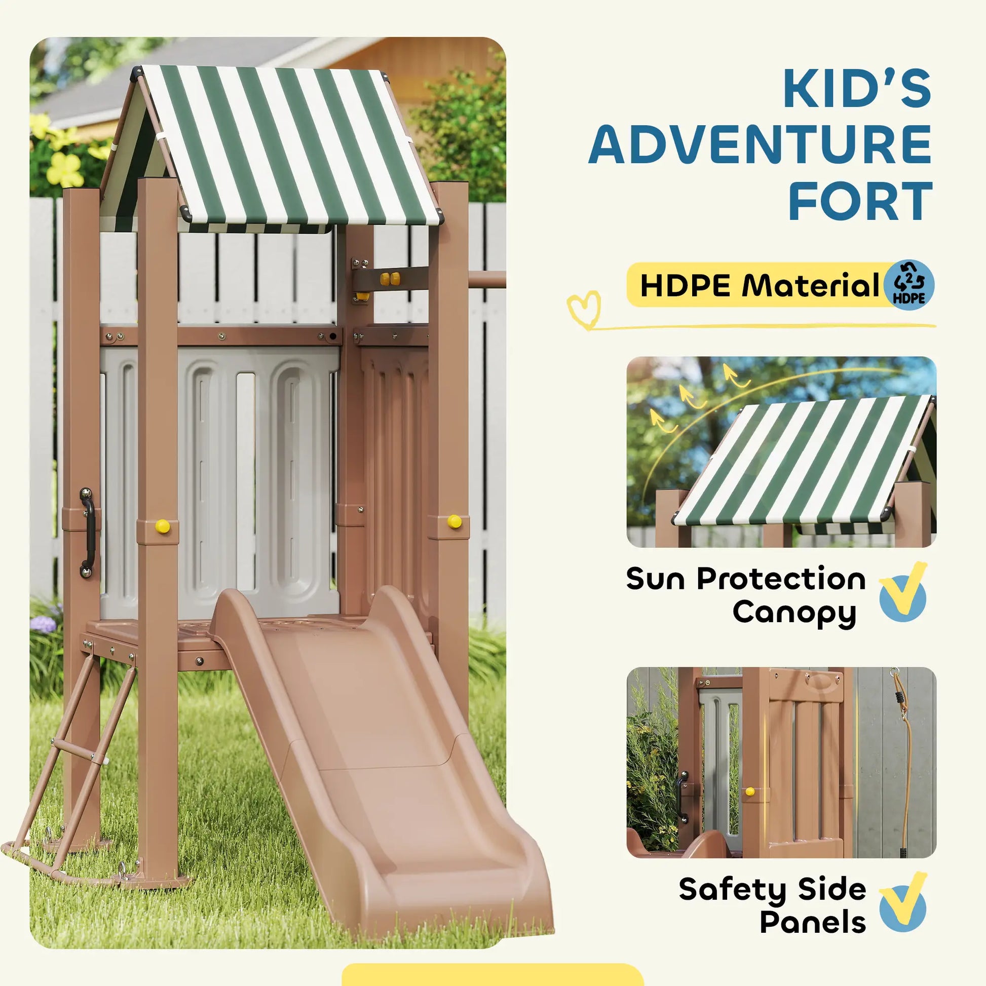 4-in-1 Kids Swing Set with Slide, Fort, Ladder, Stakes, Ages 3-8, Brown Gym Sets & Swings at Gallery Canada