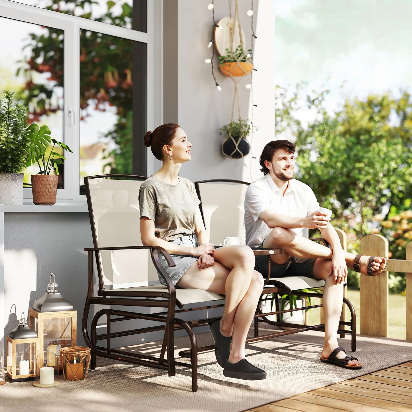 2 Person Patio Glider Rocking Chair, Outdoor Loveseat, Beige Outdoor Gliders at Gallery Canada