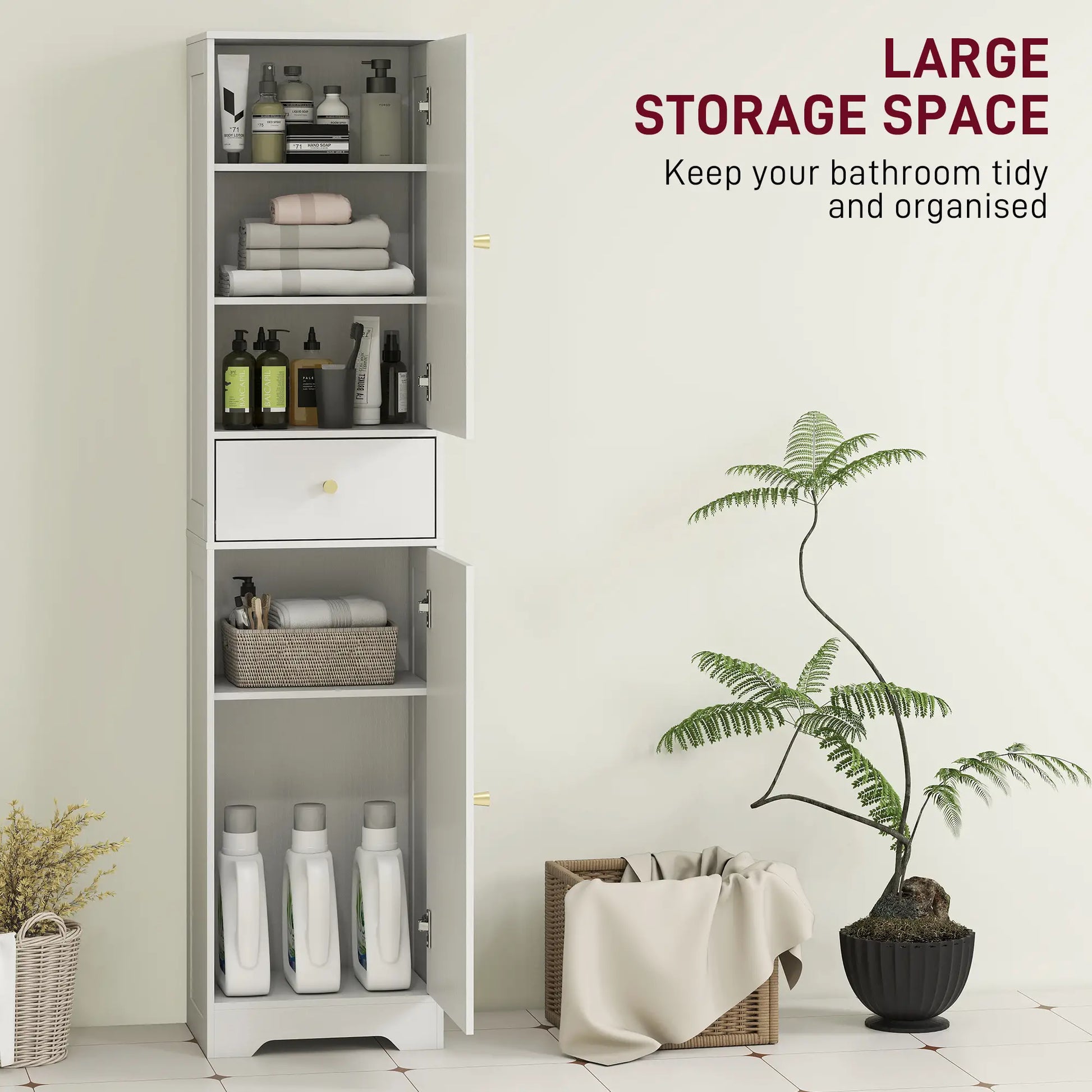 67" Tall Bathroom Cabinet, 2 Doors, Drawer, Adjustable Shelf, Wood Grain, White Bathroom Cabinets at Gallery Canada