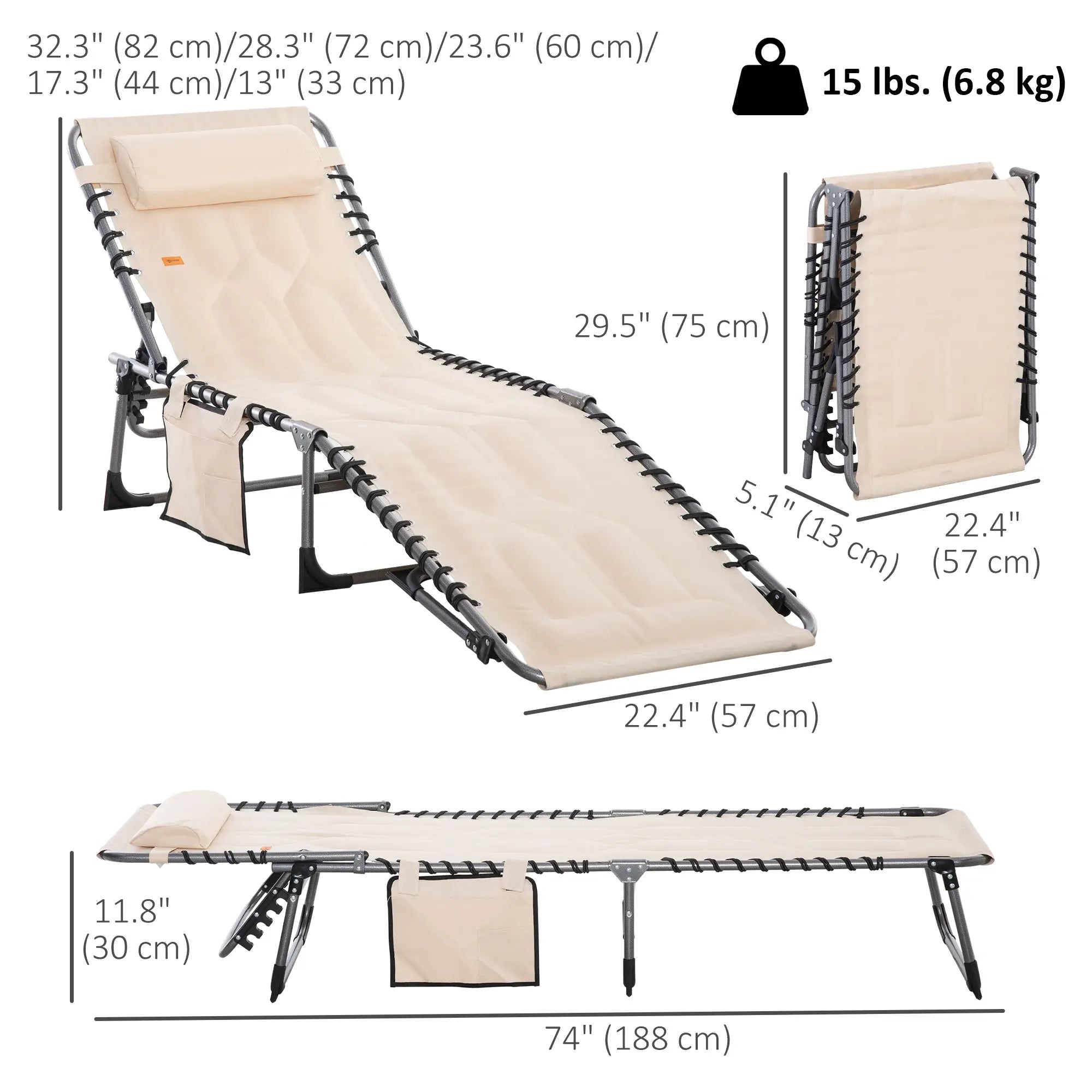 Outdoor Lounge Chair, Folding Chaise, Padded Tanning Chair, 5-Position Adjustable, Beige Lounger Chairs at Gallery Canada
