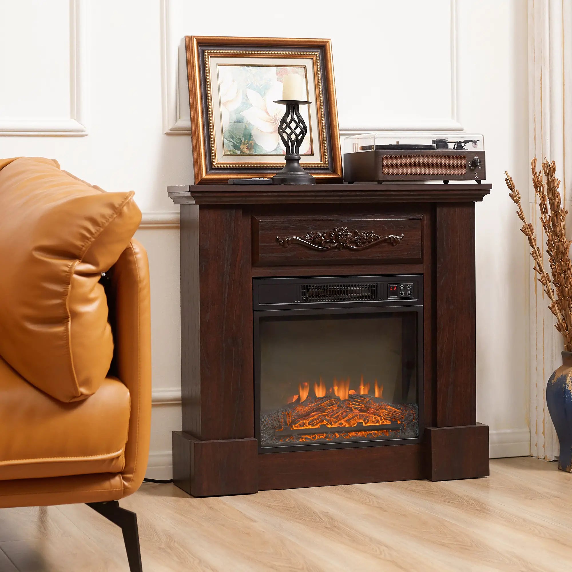 Electric Fireplace with Mantel, Freestanding Heater, 1400W, Brown Electric Fireplaces at Gallery Canada