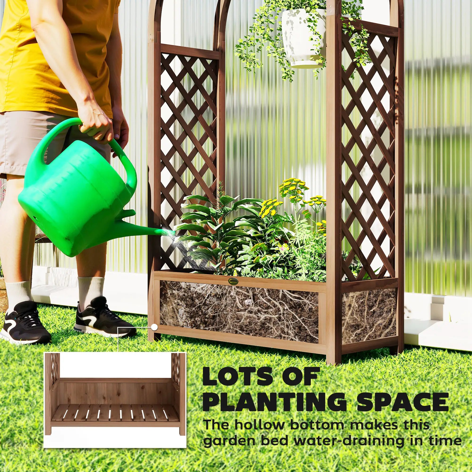 Raised Garden Bed With Arch Trellis, Planter Box, Dark Brown Wood Effect, Dark Brown Wooden Planter Boxes at Gallery Canada