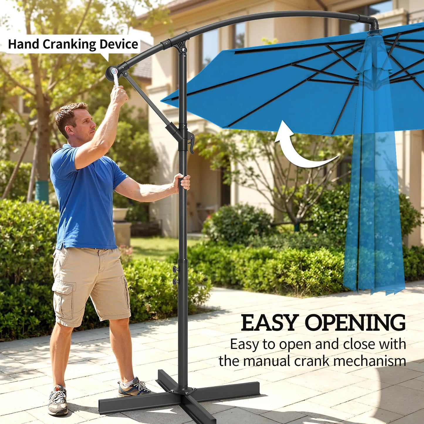 10ft Offset Patio Umbrella, Crank Hanging Parasol, Blue Cantilever Umbrellas at Gallery Canada