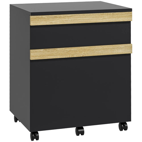 Mobile Filing Cabinet, 2 Drawers, 5 Wheels, Wood Grain, Black
