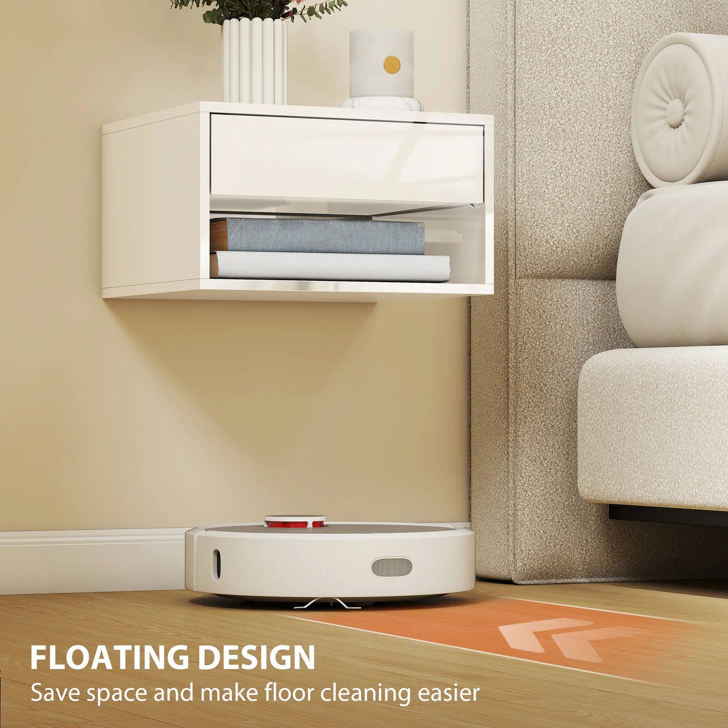 Floating Bedside Tables, Set of 2, Wall-Mounted Nightstand, High Gloss White, White Bedside Tables at Gallery Canada