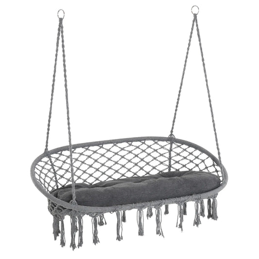 Patio Hammock Chair 2 Seat, Hanging Rope Hammock Swing Chair with Metal Frame and Cushion, Large Macrame Seat for Indoor and Outdoor 396 lbs Capacity, Dark Grey Hammock Swings Dark Grey at Gallery Canada