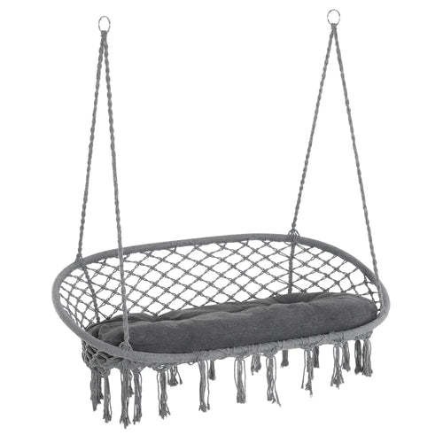 Patio Hammock Chair 2 Seat, Hanging Rope Hammock Swing Chair with Metal Frame and Cushion, Large Macrame Seat for Indoor and Outdoor 396 lbs Capacity, Dark Grey