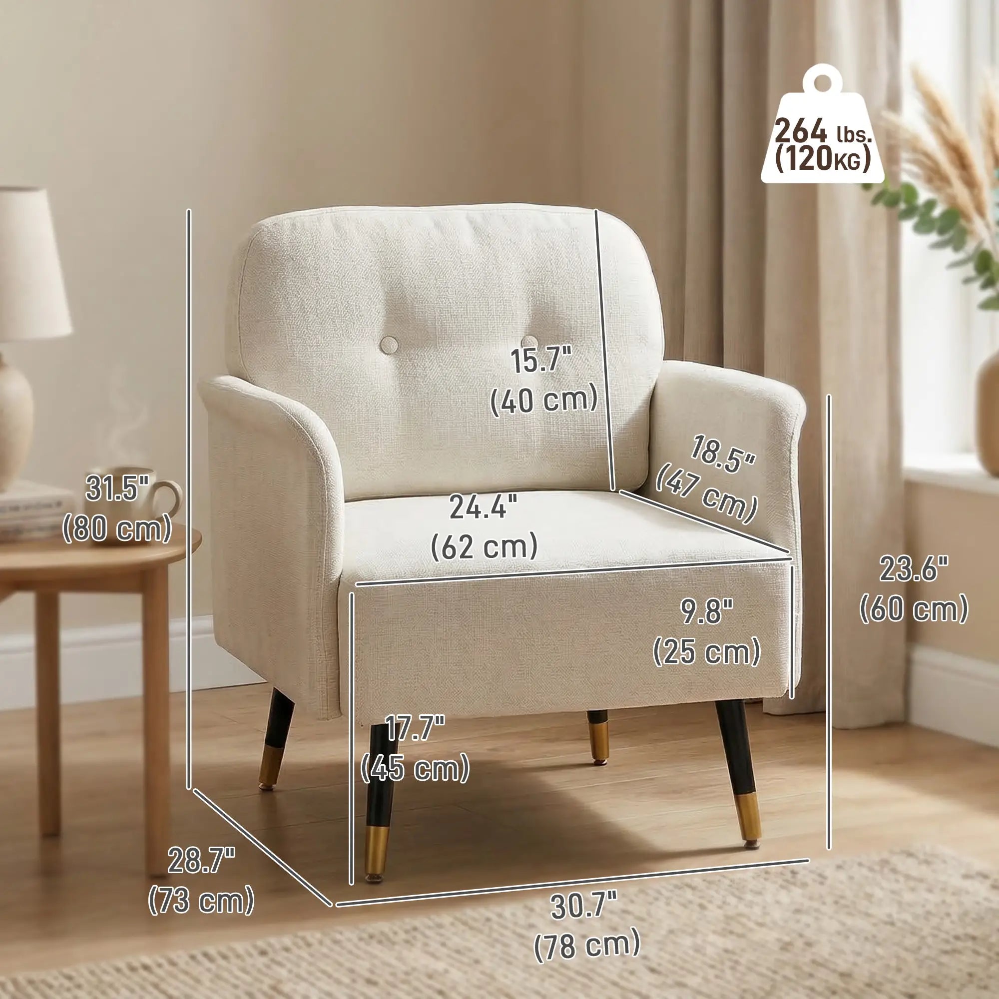Modern Tufted Accent Chair, Metal Legs, Upholstered Reading Armchair, Cream White Accent Chairs at Gallery Canada