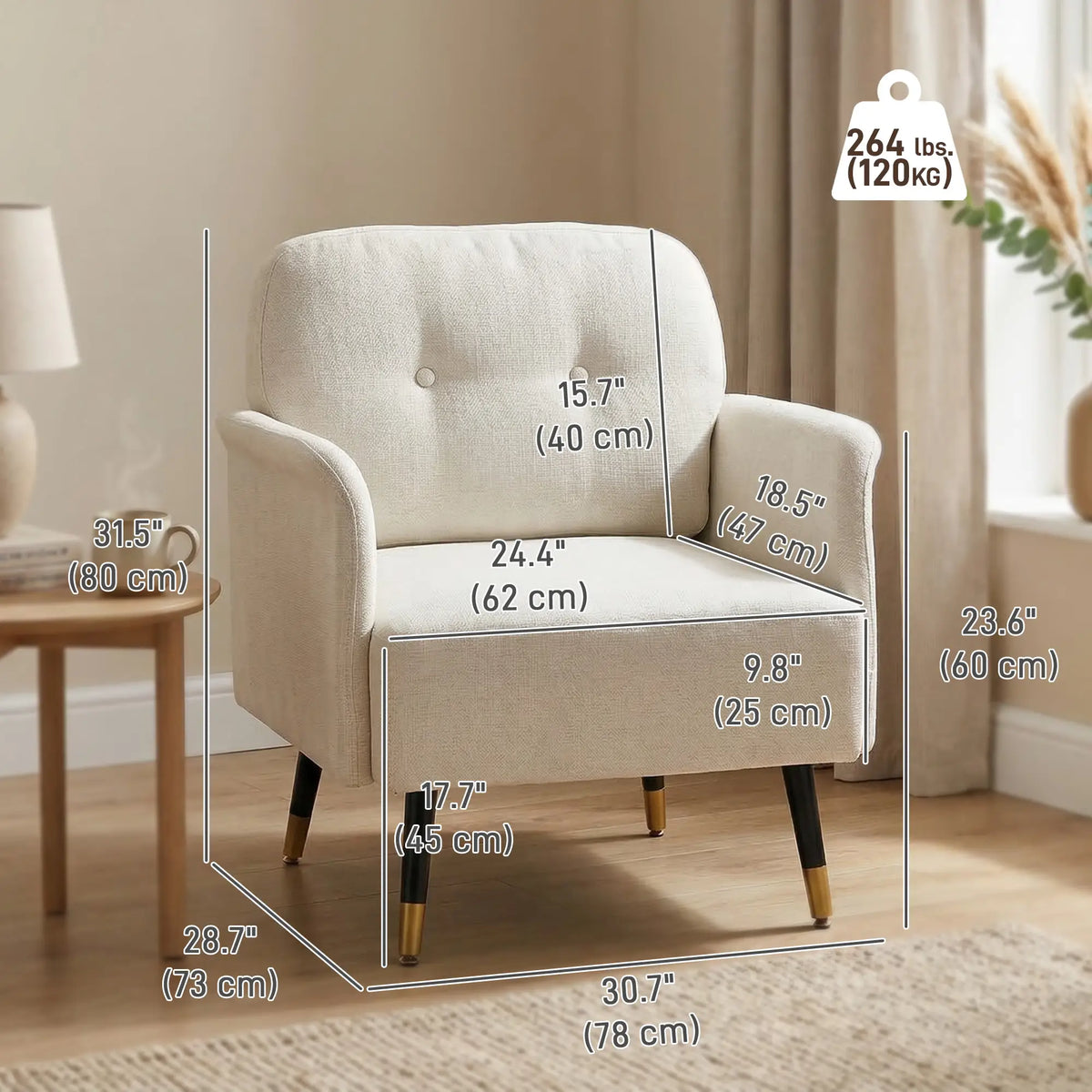 Modern Tufted Accent Chair, Metal Legs, Upholstered Reading Armchair, Cream White Accent Chairs at Gallery Canada