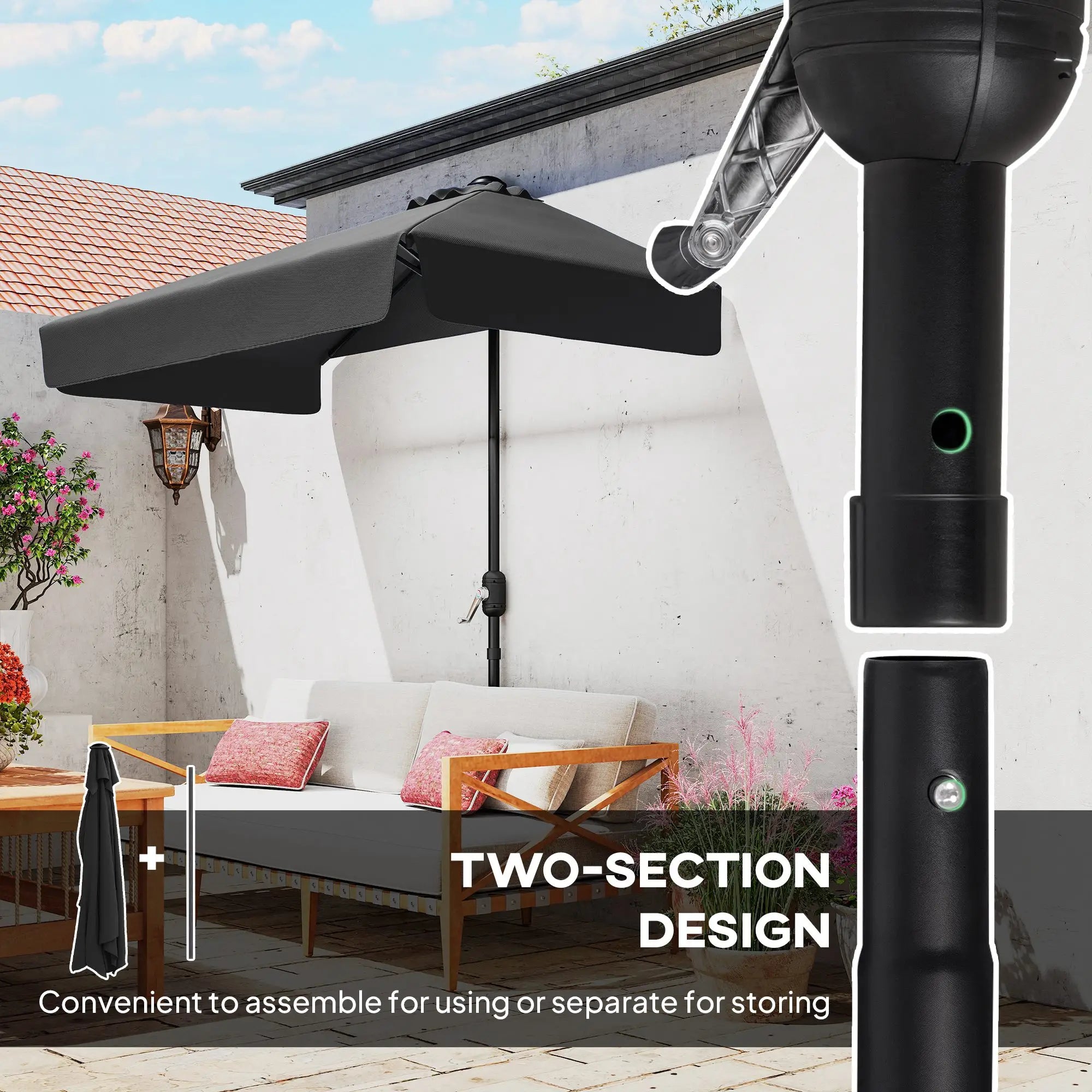 7.5ft Half Umbrella, Semi Round Patio Parasol, Crank Handle, Top Vent, Black Half Round Umbrellas at Gallery Canada