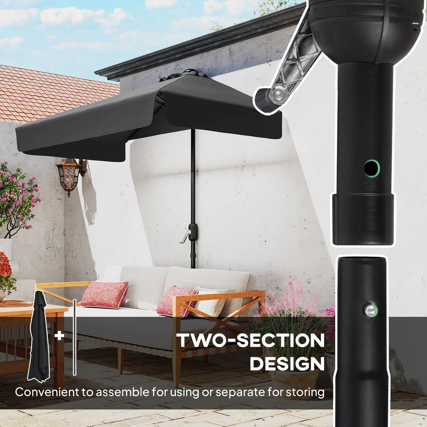 7.5ft Half Umbrella, Semi Round Patio Parasol, Crank Handle, Top Vent, Black Half Round Umbrellas at Gallery Canada