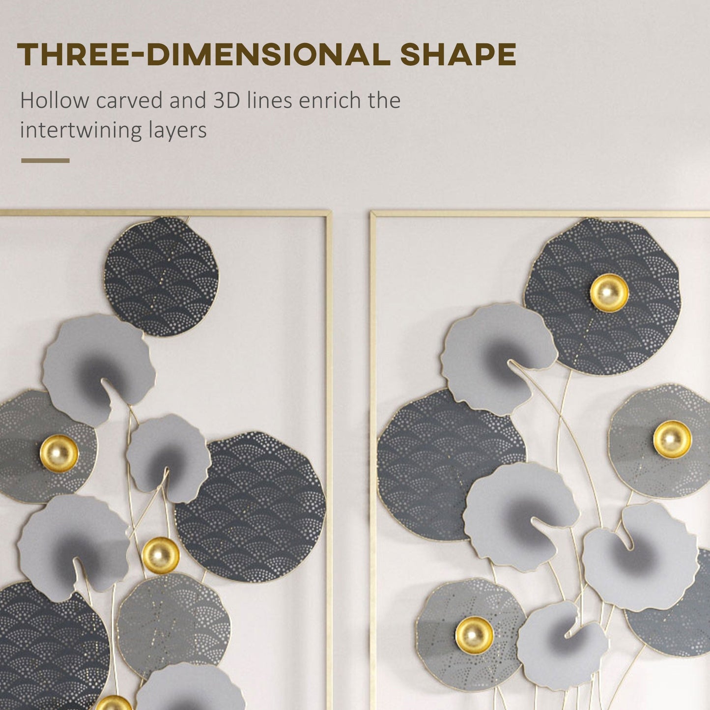 3D Metal Wall Art Set of 2 Modern Lotus Leaves Hanging Wall Sculpture Home Decor for Living Room Bedroom Kitchen 20"x32", Grey and Gold at Gallery Canada