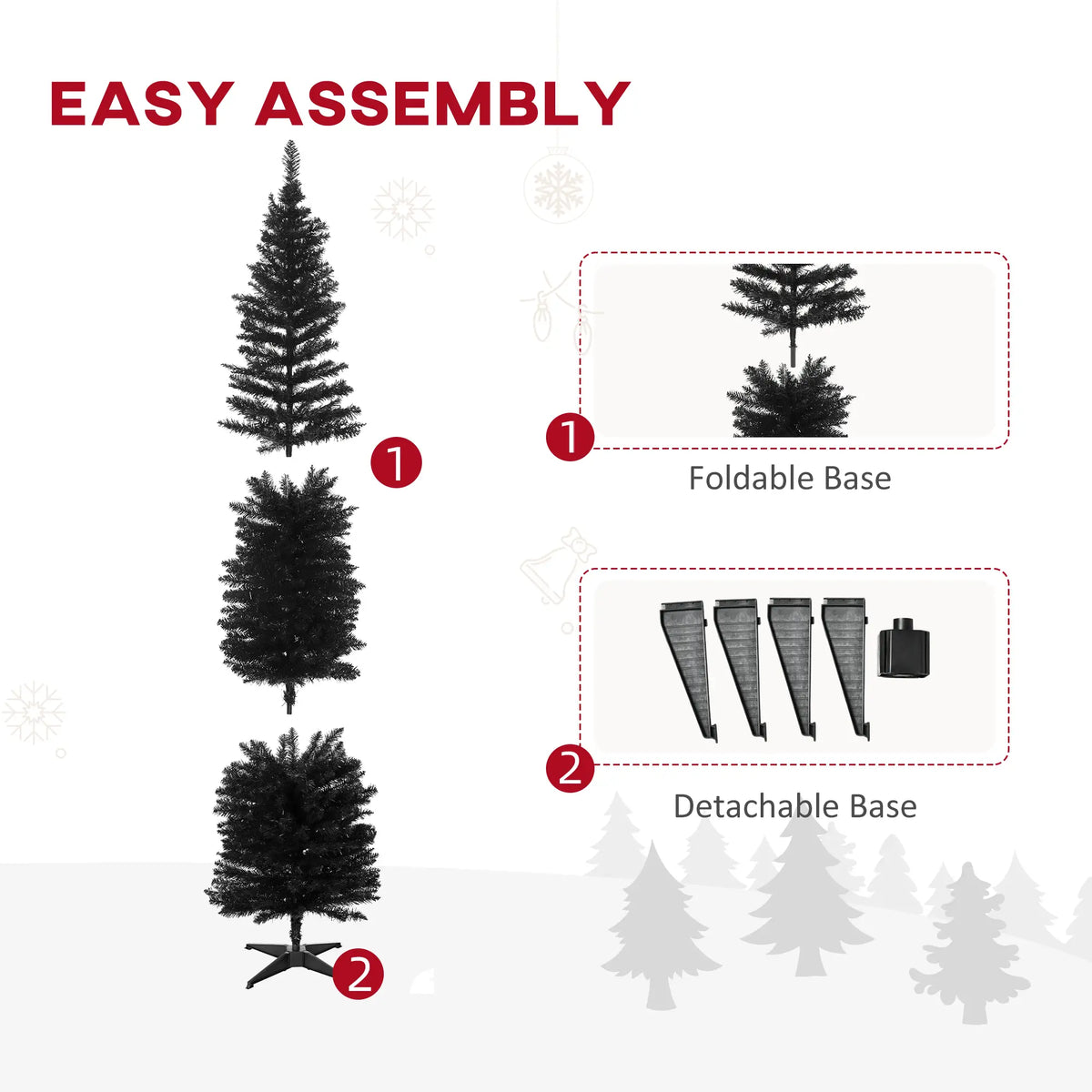 7FT Artificial Pencil Christmas Tree, Realistic Branches, Stable Stand, Black
