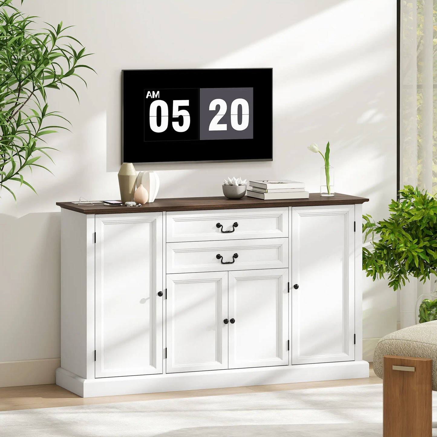 Farmhouse Sideboard with Charging Station, 58 Inch Buffet Cabinet, White Storage Cabinets at Gallery Canada