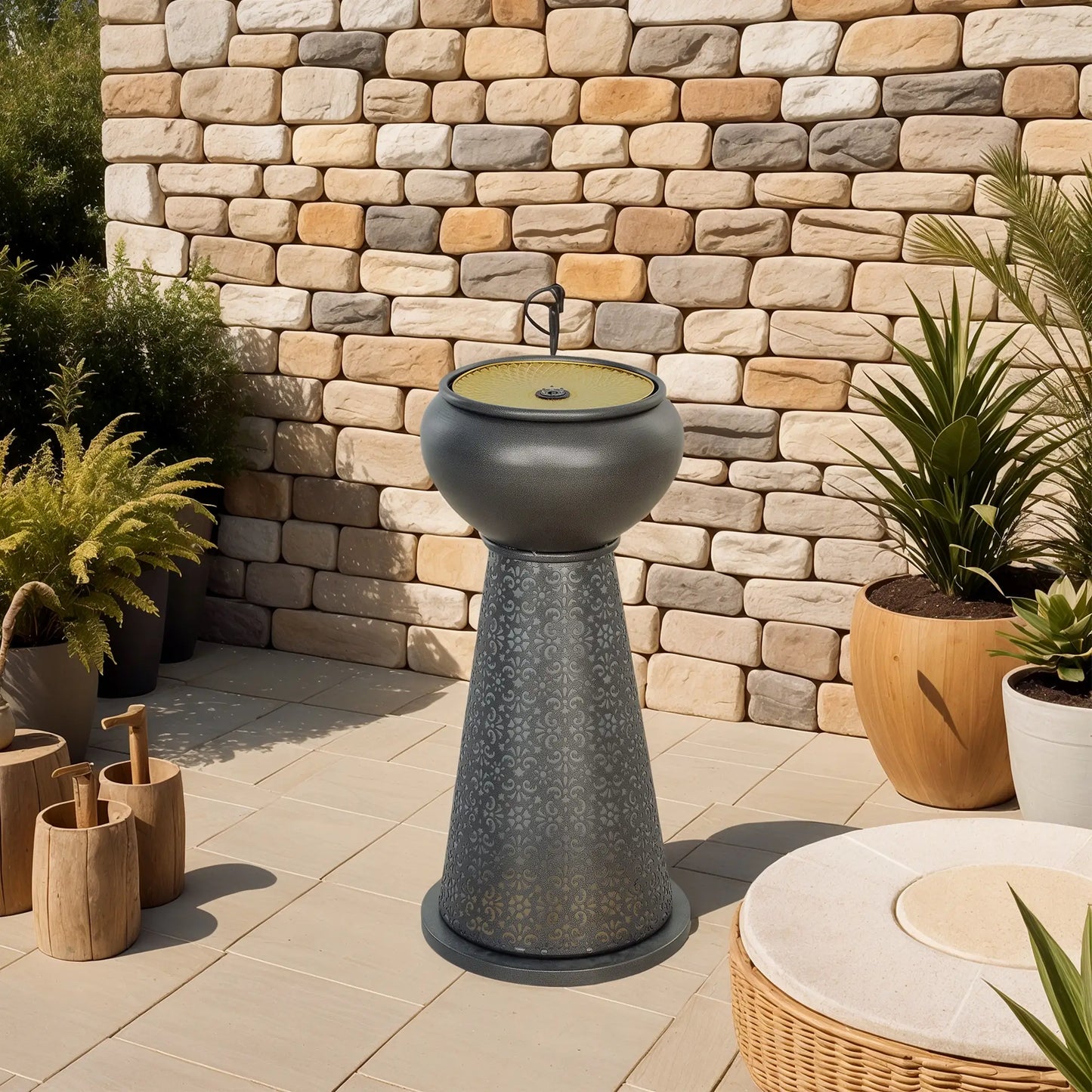 28" Tall Outdoor Water Fountain with LED Lights, Adjustable Flow, Dark Grey, Yellow Water Fountains at Gallery Canada