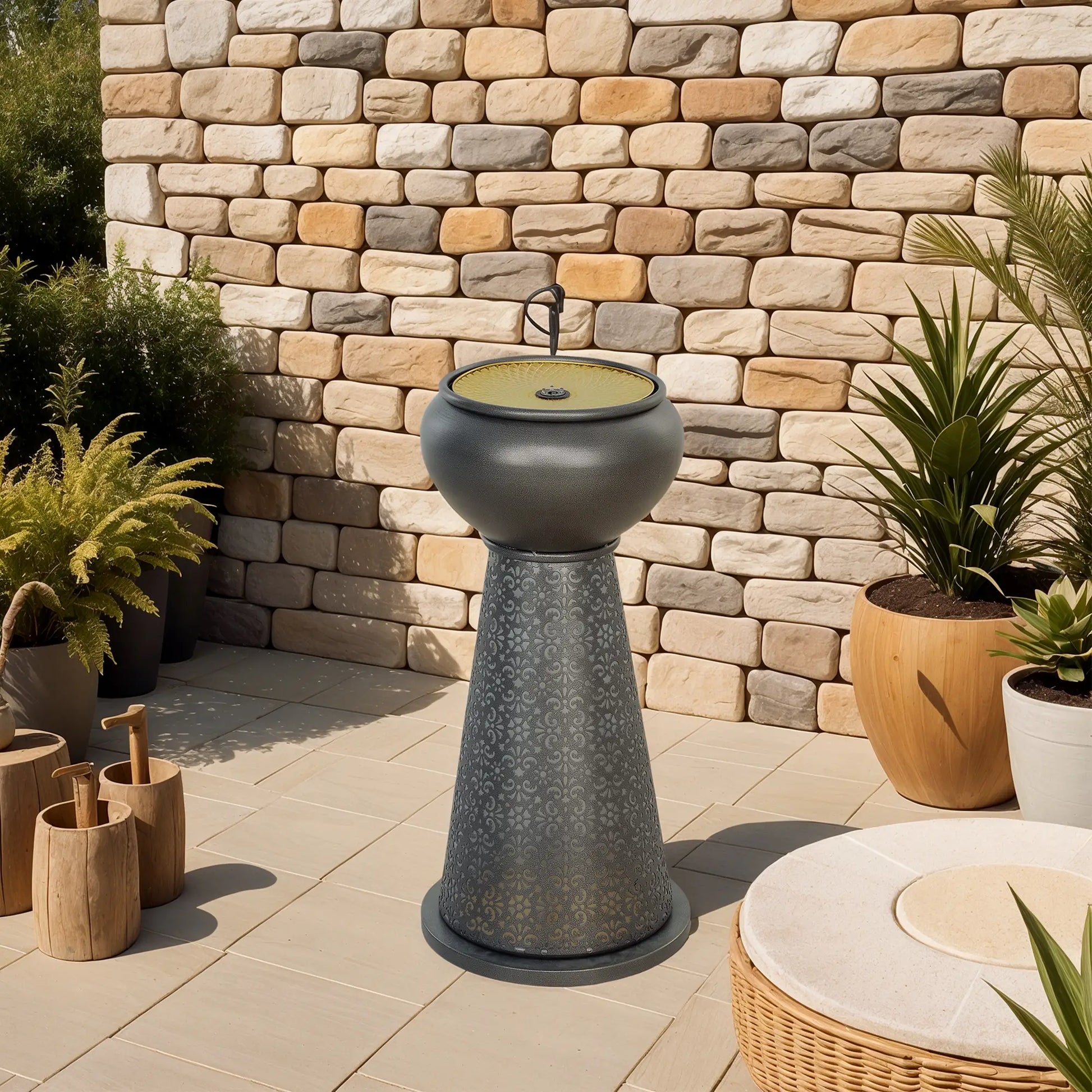 28" Tall Outdoor Water Fountain with LED Lights, Adjustable Flow, Dark Grey, Yellow Water Fountains at Gallery Canada